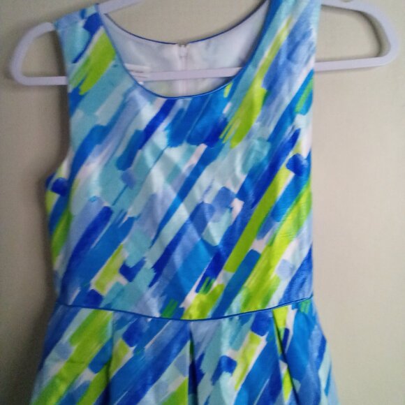 Bonnie Jean Dress Girls 16 Sleeveless Satin Pattern Blue Green - Picture 3 of 15